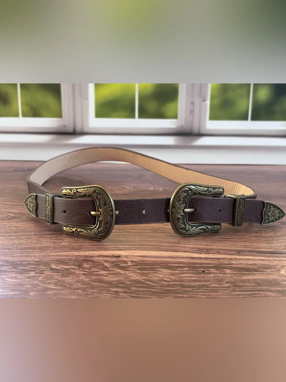 Western Double Buckle Belt Brown Floral Engraved Concho Size M